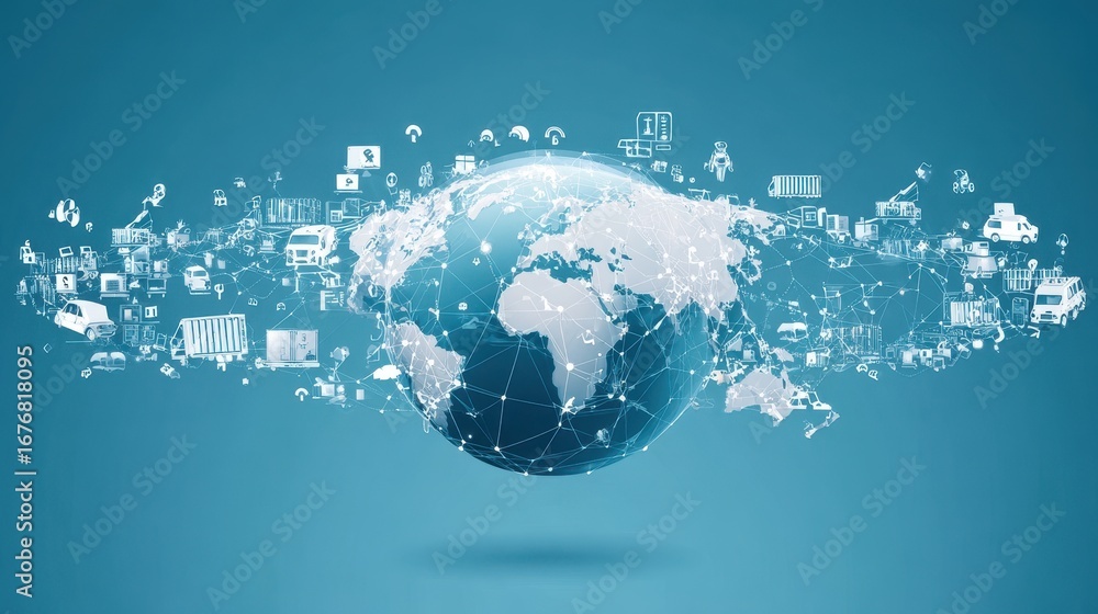 Poster modern design showcasing global connectivity through networking and transport icons