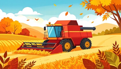 Autumn Harvest Scene With Combine