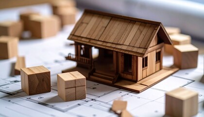 A miniature wooden house model sits atop a blueprint, surrounded by wooden blocks, symbolizing construction and architectural design.