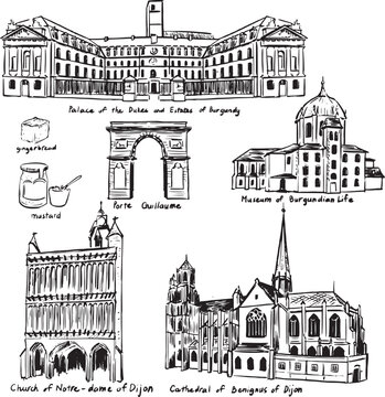 Hand drawn black ink sketch of Dijon landmarks in France including Palace of the Dukes of Burgundy, Porte Guillaume arch, Museum of Burgundian Life, Church of Notre Dame, Cathedral of Saint Benignus.
