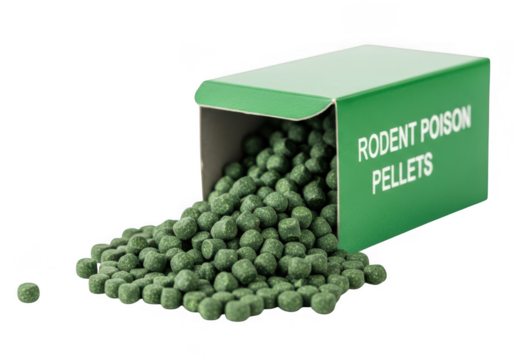 Rodent poison pellets spilling from a green box isolated on transparent background