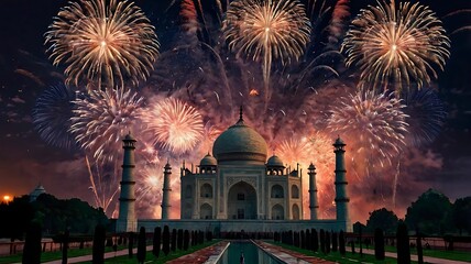Nighttime Independence Day display over the iconic Taj Mahal