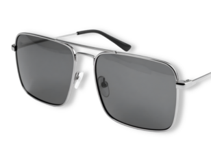Isolated photo of a pair of sunglasses with metallic frame and reflective lenses