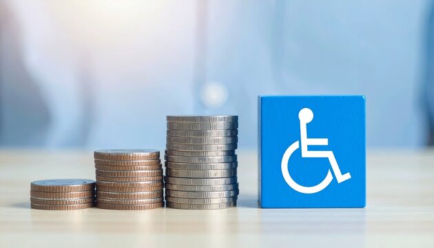 Financial concept related to disabled access and assistance, stacks of coins beside a wheelchair symbol