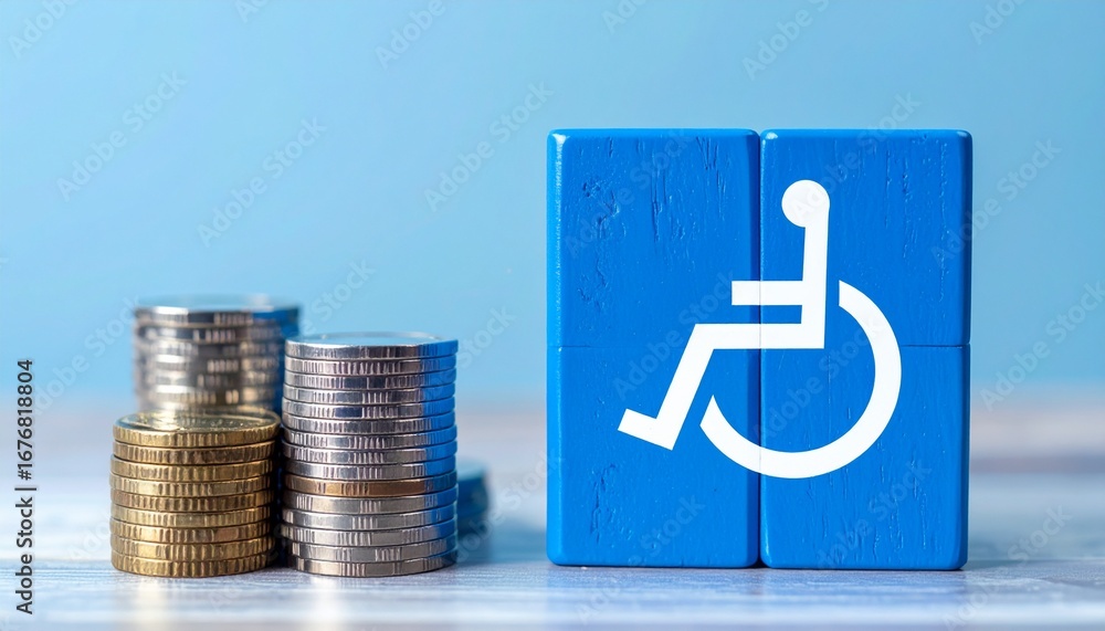 Poster a cube with the accessibility symbol beside the stacks of coins