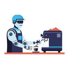 Robotic barista serving coffee: A sleek, mechanical barista expertly prepares a cup of coffee using advanced automated technology, a futuristic scene blends technology with culinary creativity
