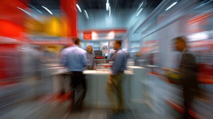 Fototapeta premium Business professionals engaged in discussion at a trade show in a busy convention center