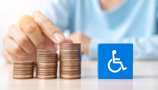 Financial support for disability with a coin stack and accessible symbol, a message of financial stability