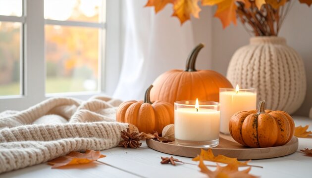 A cozy autumn scene with pumpkins, candles, and fall foliage, creating a warm, inviting atmosphere. Pumpkins, candles, autumn leaves and other elements.