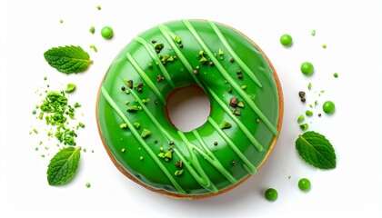 A beautifully decorated green donut with fresh mint leaves and sprinkles, shot from above, appetizing to the eye.