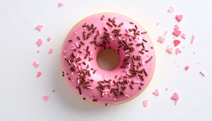 A delectable pink donut topped with chocolate sprinkles and heart-shaped sprinkles