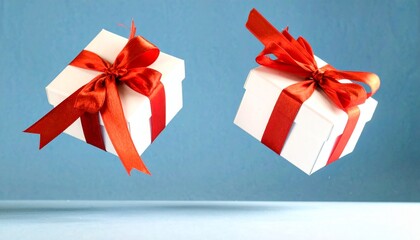 Two floating gift boxes with red ribbon bows on a light blue background, symbolizing surprise and celebration.