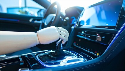 An image showcasing the interior of a car with a robotic hand using the gear shift
