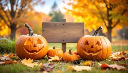 Autumnal pumpkins carved with friendly faces, arranged in a seasonal display, with a wooden sign, surrounded by fall leaves and trees