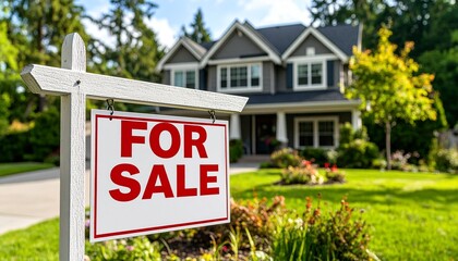 A charming house with a for sale sign in front, ready for its new owners. The scene is inviting, with a well-maintained lawn and surrounding greenery