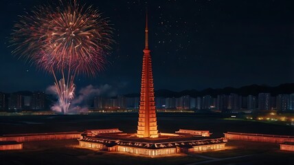 Traditional Korean architecture under fireworks in celebratory design
