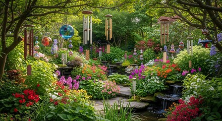 Lush Garden with Flowers and Wind Chimes.