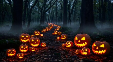 Enchanted forest path illuminated by glowing jack-o-lanterns, creating a mystical and spooky Halloween atmosphere. A breathtaking autumn scene.