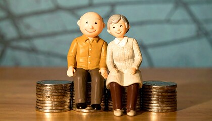 A charming couple sitting on top of stacks of coins. A depiction of financial planning, retirement and savings
