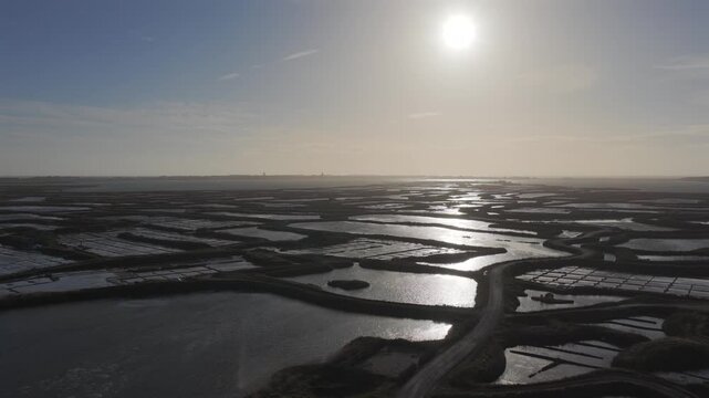 Aerial view of the salt fields of Guerande France at sunset