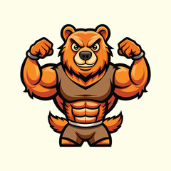 Muscular Cartoon Bear Mascot – Strong Animal Character Flexing Biceps and Showing Off Powerful Body, Tough Fitness Vector Illustration for Gym, Sports, and Team Branding