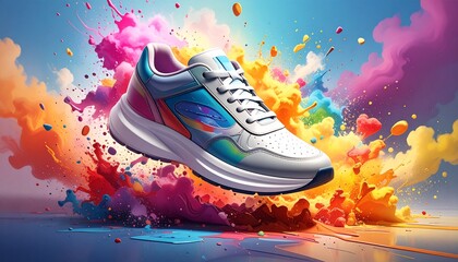 Dynamic athletic footwear bursting with vibrant color, suspended in an energetic splash of rainbow hues, symbolizing movement and creative expression for a modern lifestyle