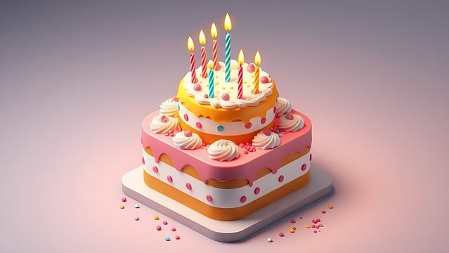 Three-dimensional birthday cake illustration with festive decorations, presented in an isometric perspective.