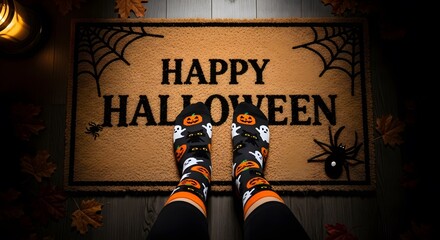 Happy Halloween! Festive socks adorn a doormat welcoming trick-or-treaters. Spooky spiders and fall leaves enhance the autumnal atmosphere.