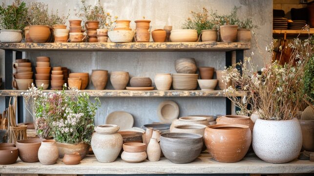 A collection of artisanal clay pots displayed in a boutique - Powered by Adobe