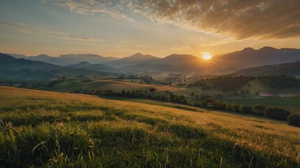 Sunrise behind mountain range in serene countryside setting for national spirit