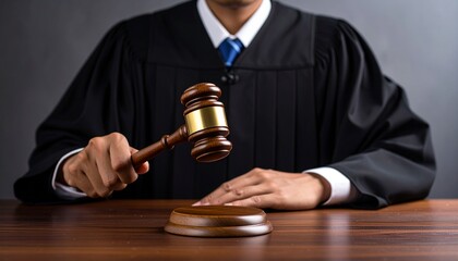 A judge wearing a robe is holding a gavel over a wooden desk, symbolizing law and justice