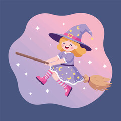 Cute cartoon witch flying on a broomstick with a starry night background.