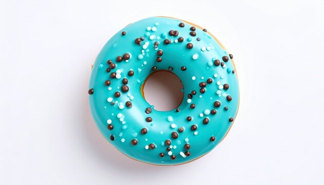 A single glazed donut with blue icing and sprinkles