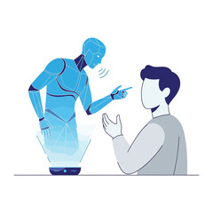 Digital Dialogue: A futuristic illustration of a human engaging in conversation with a sophisticated AI assistant, highlighting the evolution of communication