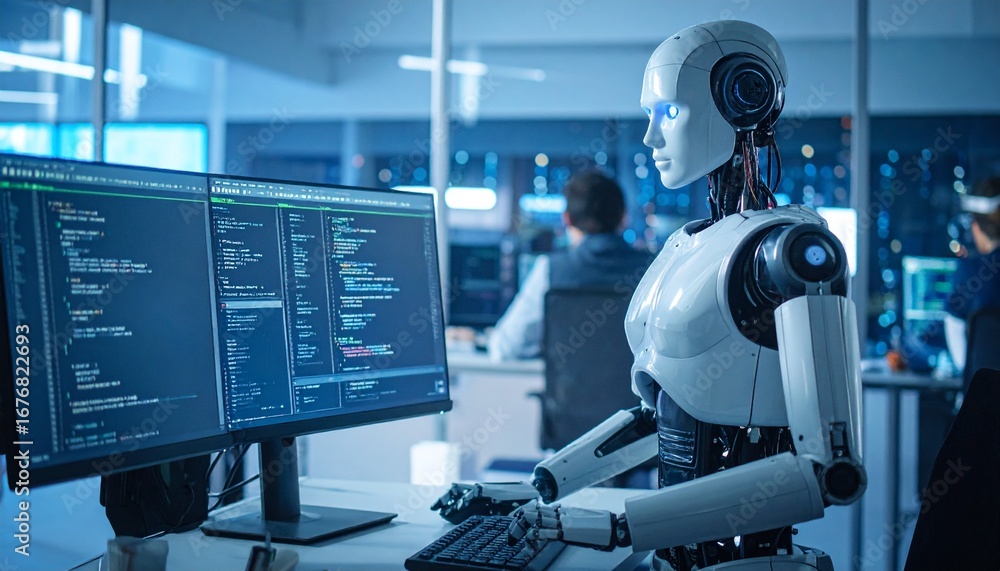 Poster a sleek robot working on a computer in a modern office setting, showcasing artificial intelligence a