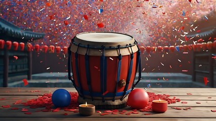 Independence Day vector design featuring Korean drums and celebratory confetti