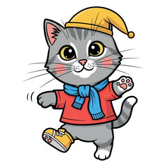 Adorable cartoon grey tabby cat wearing a yellow hat scarf and shoes happily dancing vector