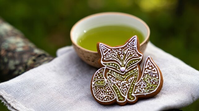An ornately decorated gingerbread cookie shaped like a fox with intricate white icing details sits beside a small cerami