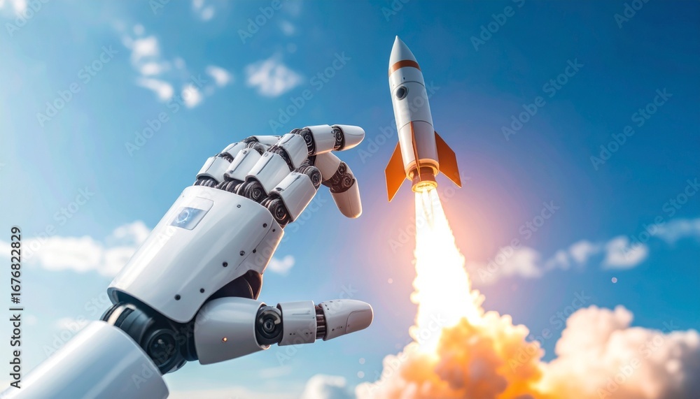 Poster an ai robot hand launches a rocket into the sky, symbolizing technological innovation and progress. 