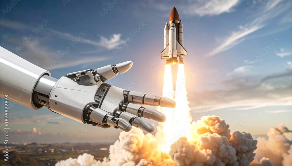 Poster a robot hand reaching towards a space shuttle launching into the sky, symbolizing innovation and pro