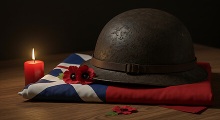 Vintage military helmet on flag with poppy flowers and candle  