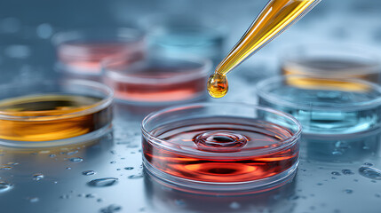 Petri dishes in the laboratory with pipette with drop of color liquid with blue background - medical glassware - 3d illustration Stock Illustration