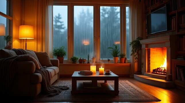 Cozy living room at sunrise with large window, candles, and warm ambient lighting