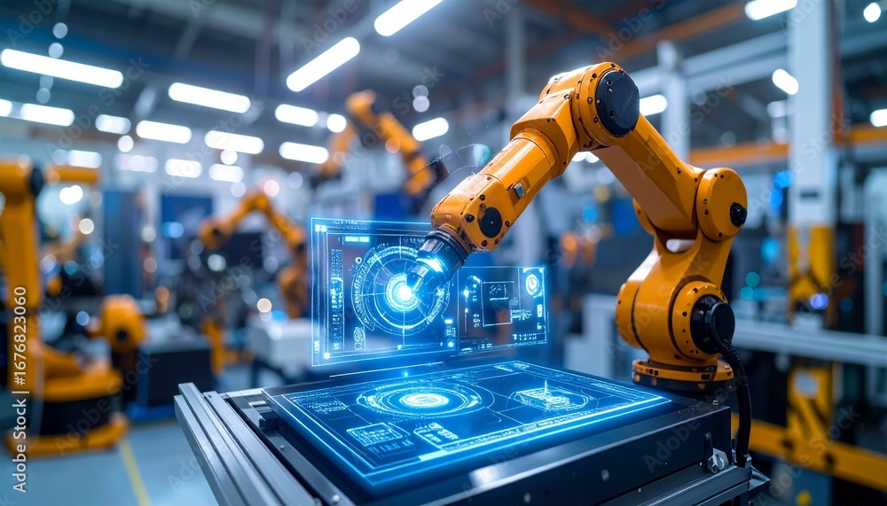 Poster robotic arm in the high-tech factory setting