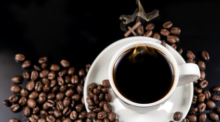 Naklejka premium Steaming Cup of Black Coffee with Roasted Coffee Beans on Black Background