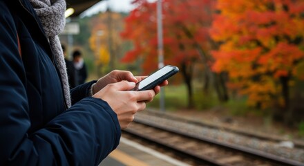 Close-up of a person's hand on a cell phone while waiting for a train on the platform - Autumn weather