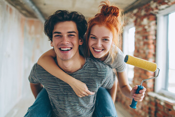 happy young couple doing renovation
