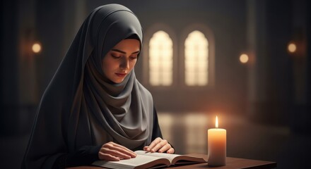 A muslim woman in a grey hijab reading a book by candlelight in a dimly lit room