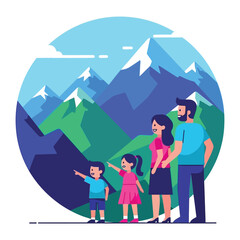 Family Adventure in the Mountains: A family stands together in front of majestic mountains, pointing with anticipation. A stylized illustration conveys family togetherness and exploring nature.