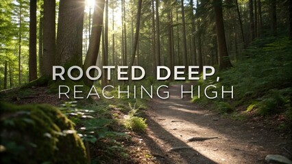 Sunlit forest path with lush greenery and tall trees